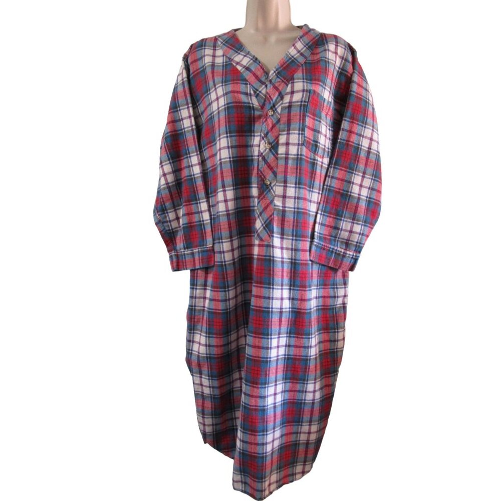 Eddie Bauer Plaid Cotton Flannel Night Shirt Small 1980s Missing Button GUC